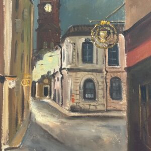 Moody oil painting of street in Stockholm's old town (Gamla Stan)