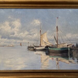 Antique oil of boats in harbor and people on dock