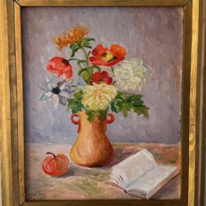 Vintage oil - flowers in vase with apple and book