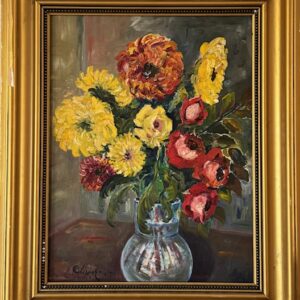 Large regal floral with red and yellow flowers and blue vase